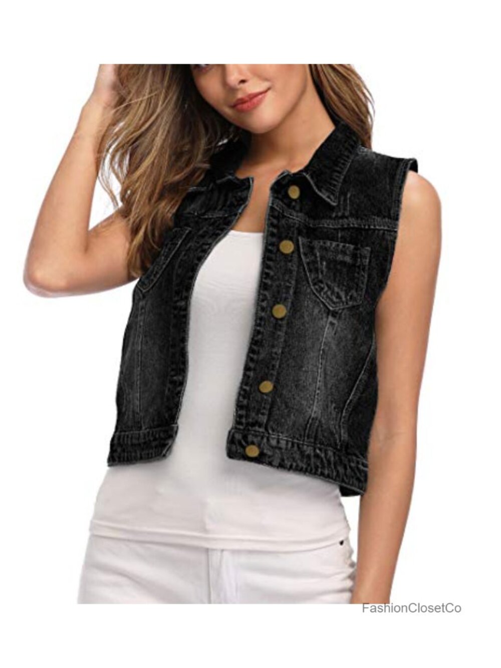 Cropped Distressed Denim Vest Sleeveless Button Front Jean Jacket
